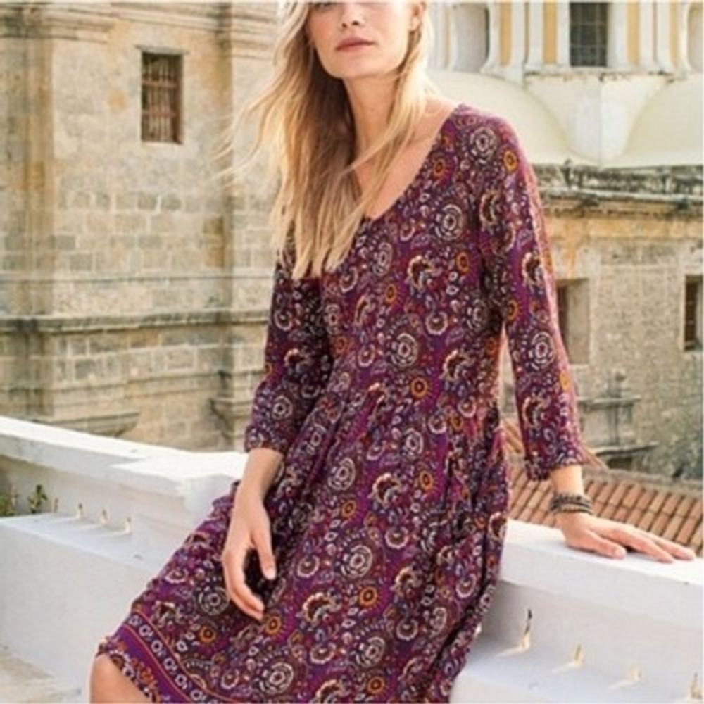 Garnet Hill Purple Paisley Floral V-Neck 3/4 Sleeve Jersey Boho Knit Dress Sz 2